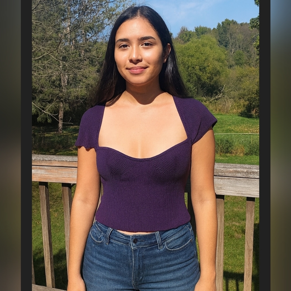 Purple Short Sleeve Ribbed Knit Crop Top Small